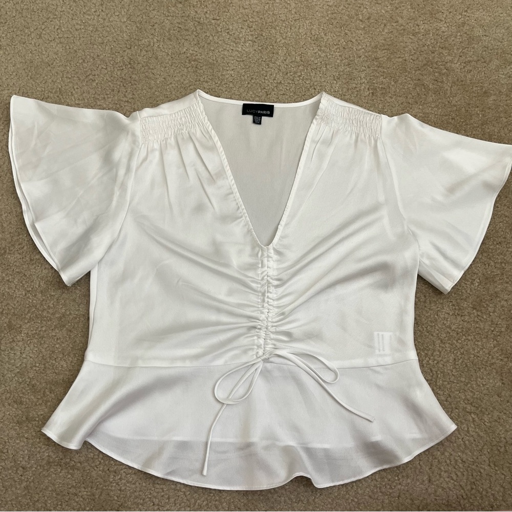 🌴Lucy Paris White Women's Cinch-Front Ruffle Blouse Size Medium